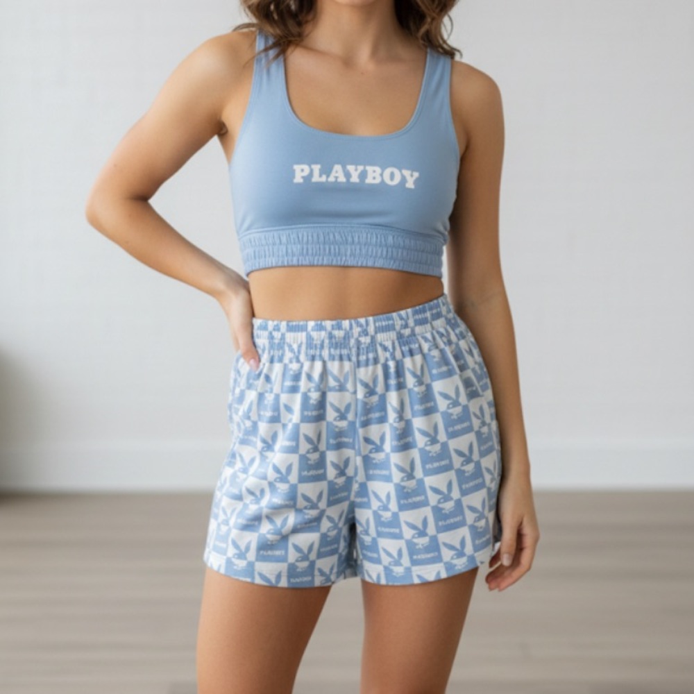 Playboy Matching Set Bralette Crop + Shorts Set Baby Blue Size Small